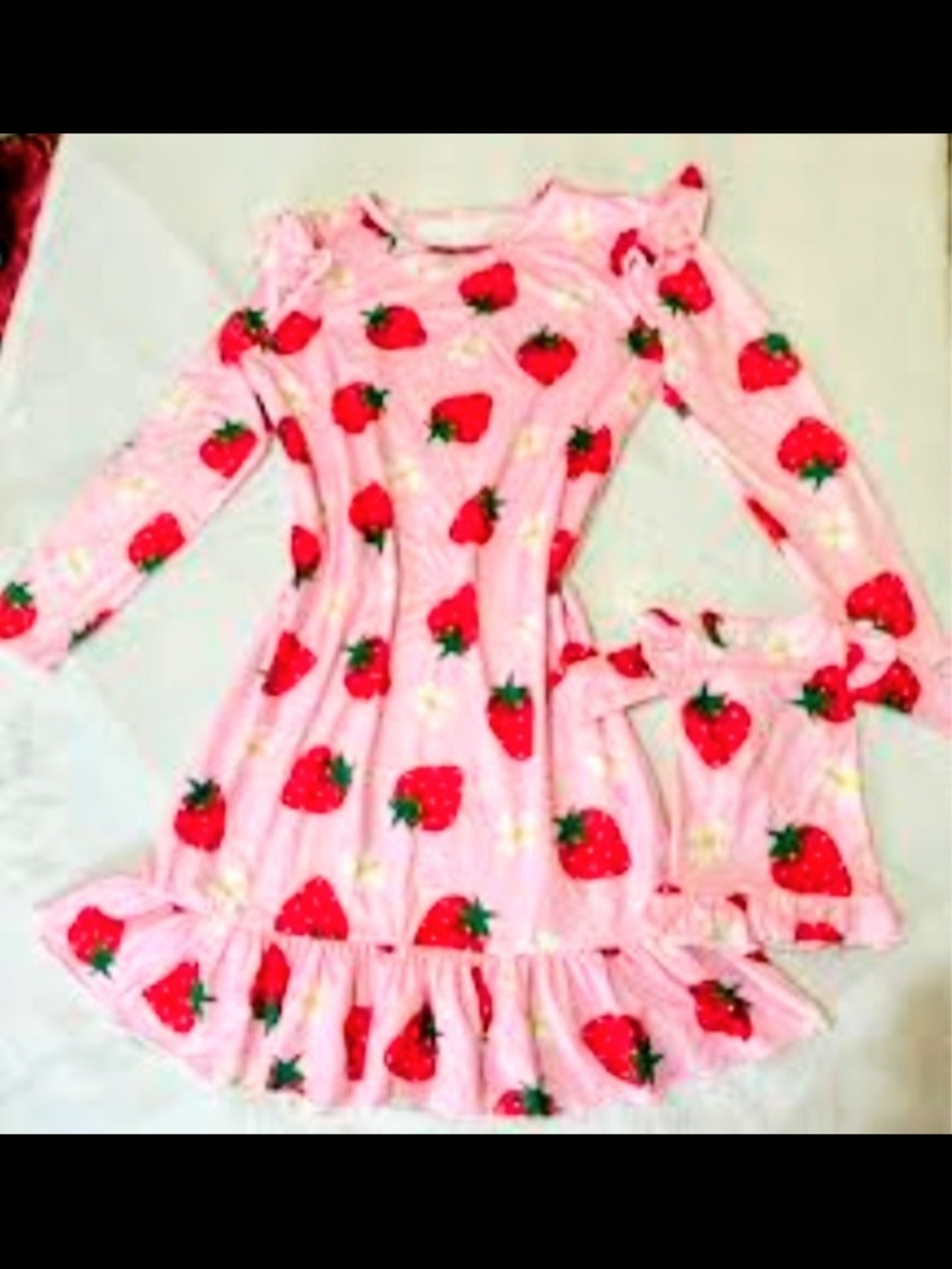 Girl's Pink Strawberry Print Nightgown W Matching Doll Dress Size 120 (12) NWOT
